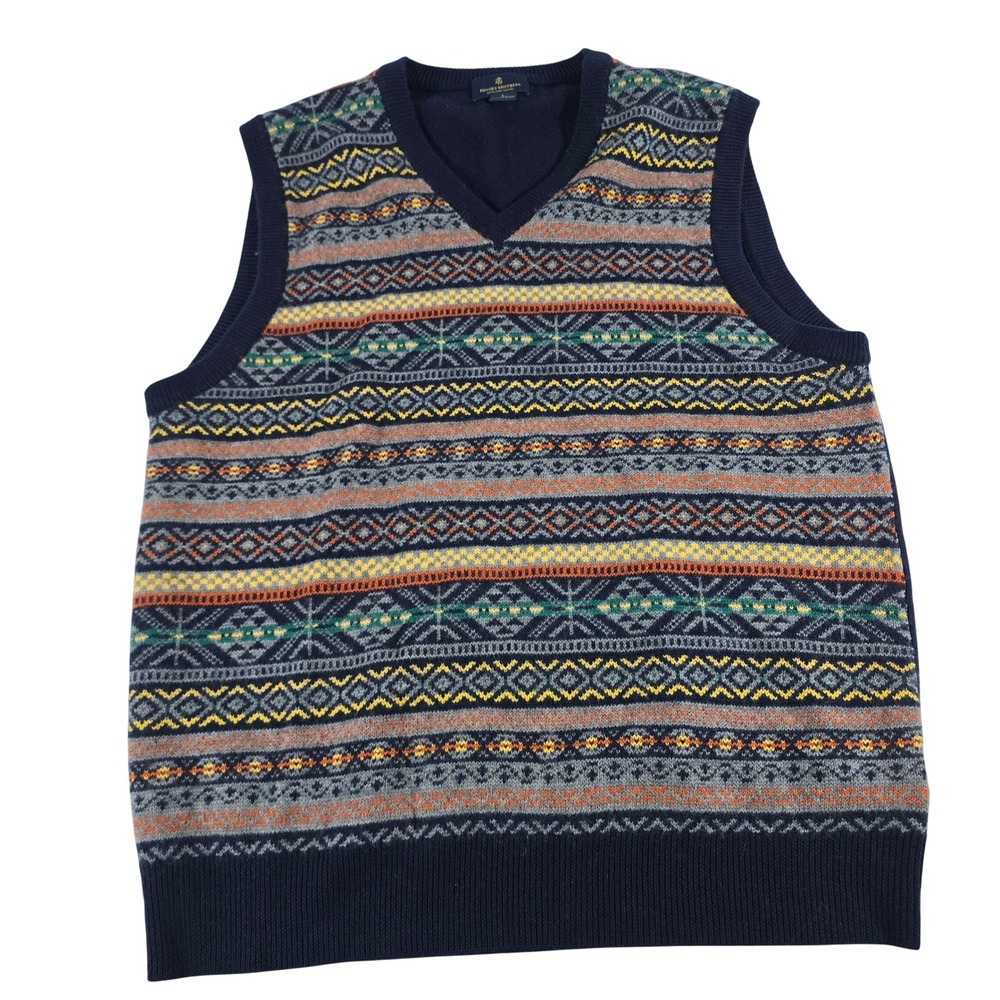 Brooks Brothers Mens Extra Fine Merino Wool Fair Isle Sweater Vest Navy Large